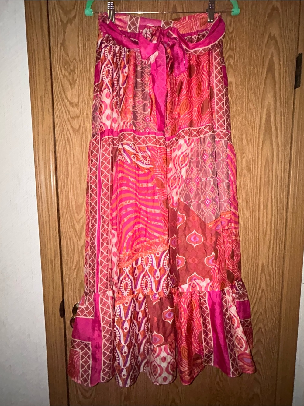 Sugarlips Patchwork Mix  Print Tier Attached Tie Front Silk Maxi Skirt